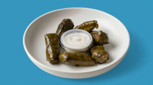 DOLMADES (Seasoned Rice Stuffed Grape Leaves) w/ 1 SIDES OF TZATZIKI